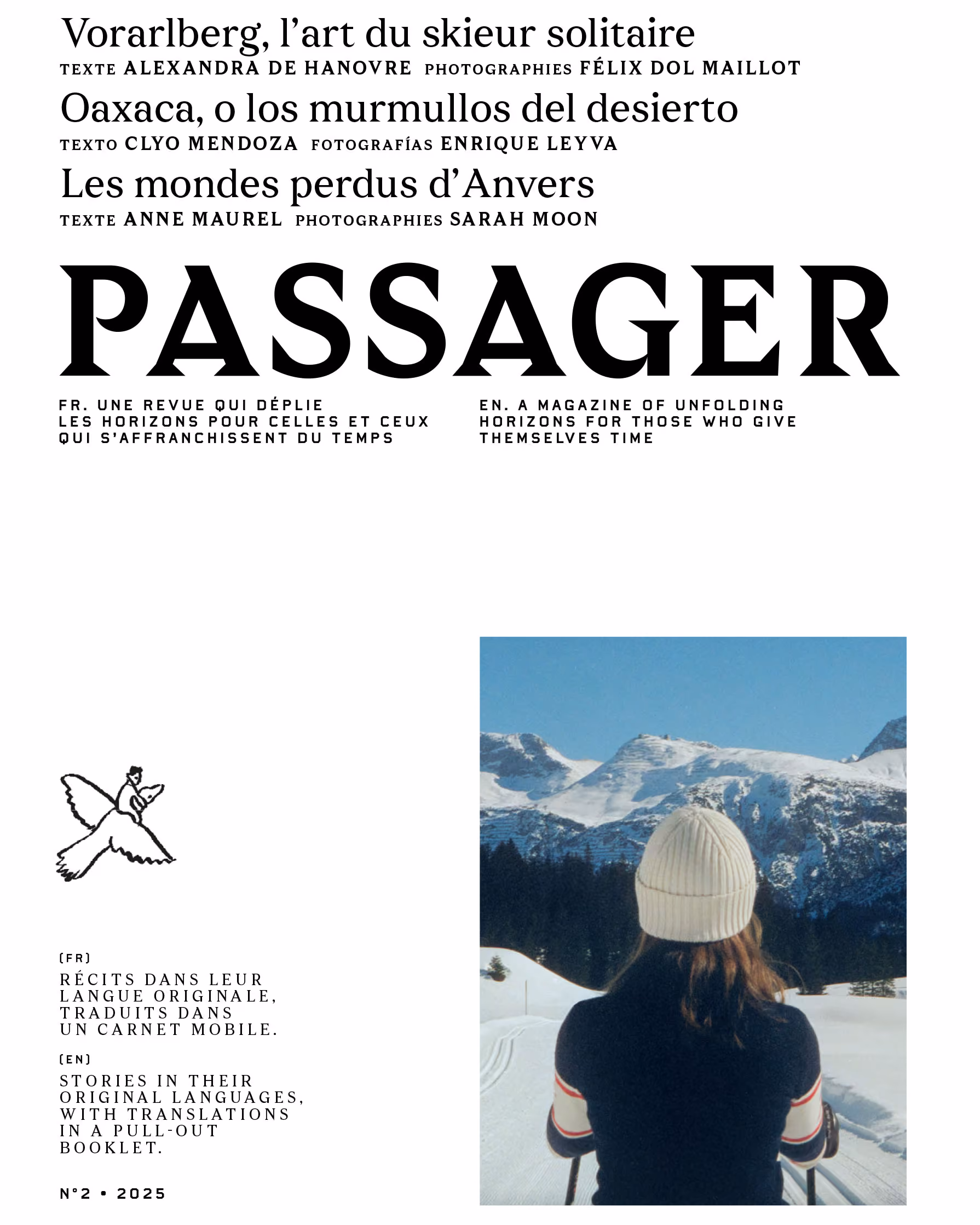 Cover of Passager issue 2, 2025. A skier seen from behind in a white knitted beanie and a navy sweater with red and white stripes, looking out across a groomed cross-country track towards snow-covered mountains under a clear sky.
